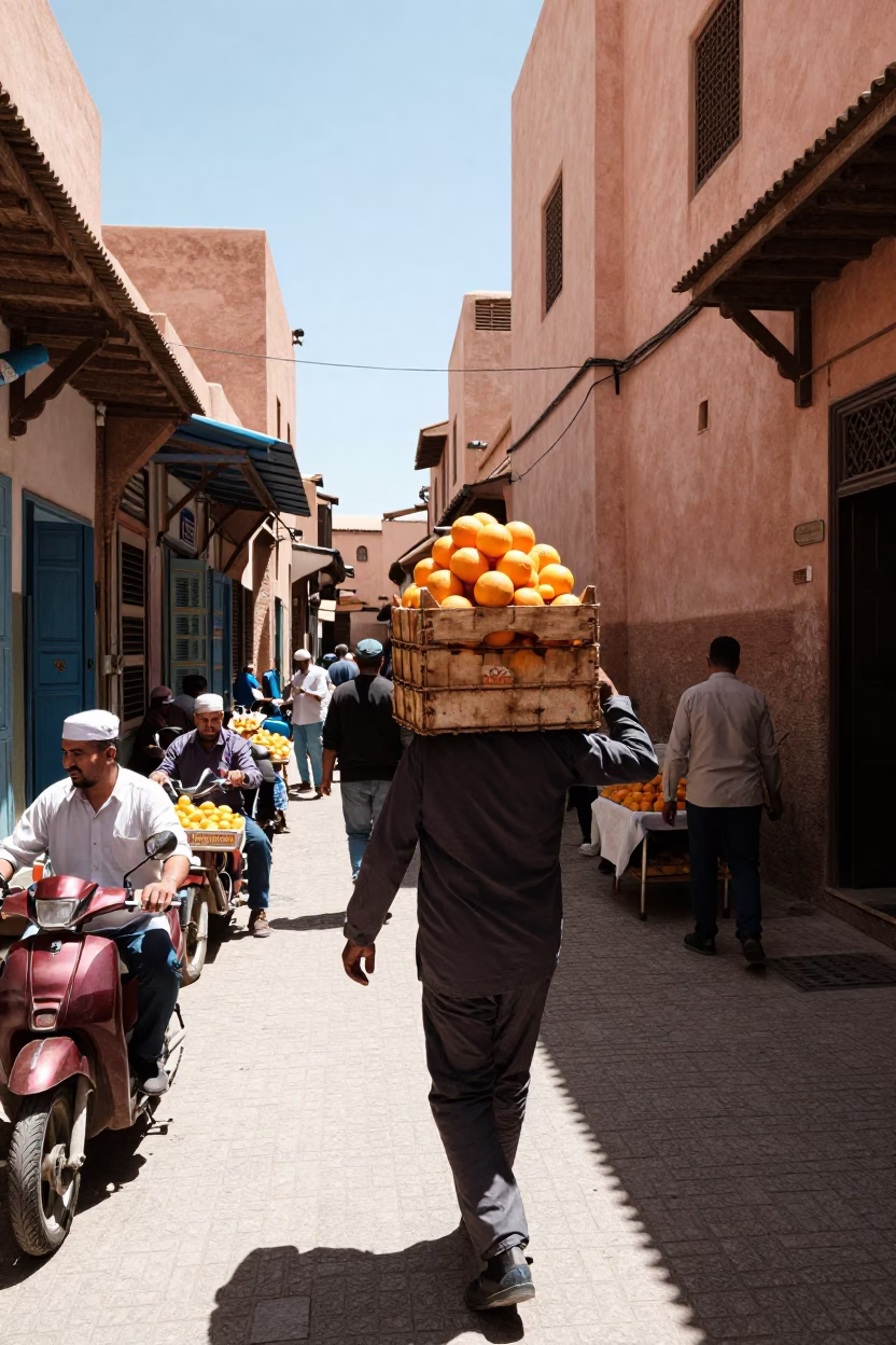 Busy Marrakech Medina Street Scene Under Noon Sun with Local Commerce in in Marrakech, Morocco