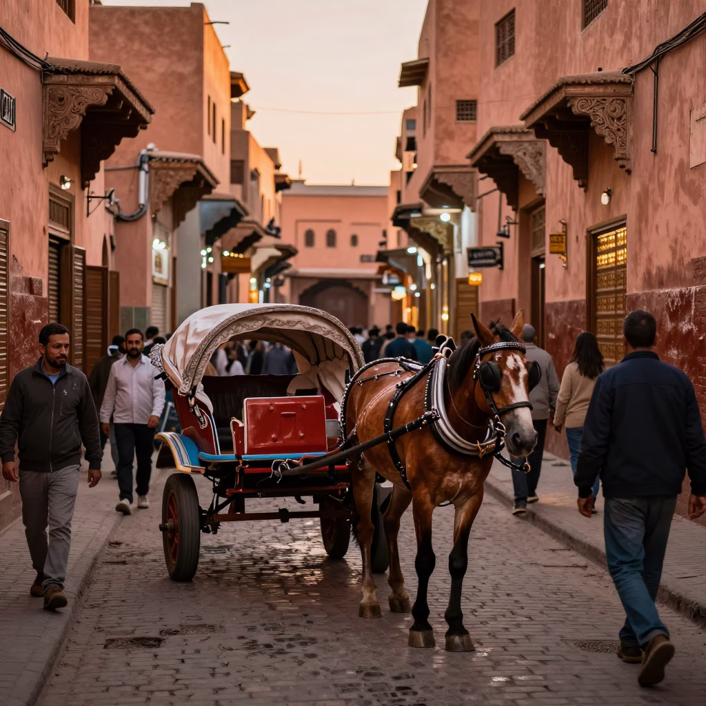 Busy Marrakech Medina Street Scene with Horse Cart and Pigeons in Copper Dusk Light in in Marrakech, Morocco
