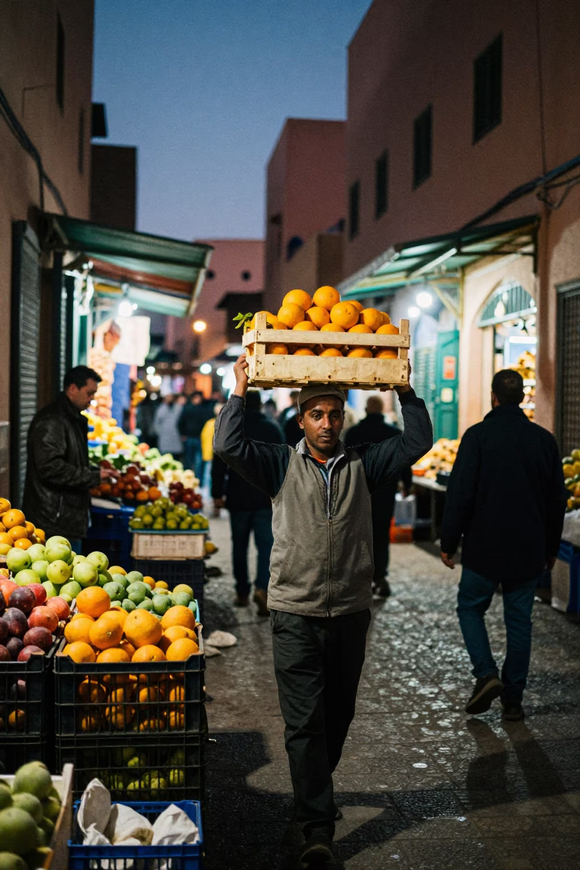 Busy Marrakech Night Market Scene with Fruit Crates and Beaded Sandals in Morocco in in Marrakech, Morocco