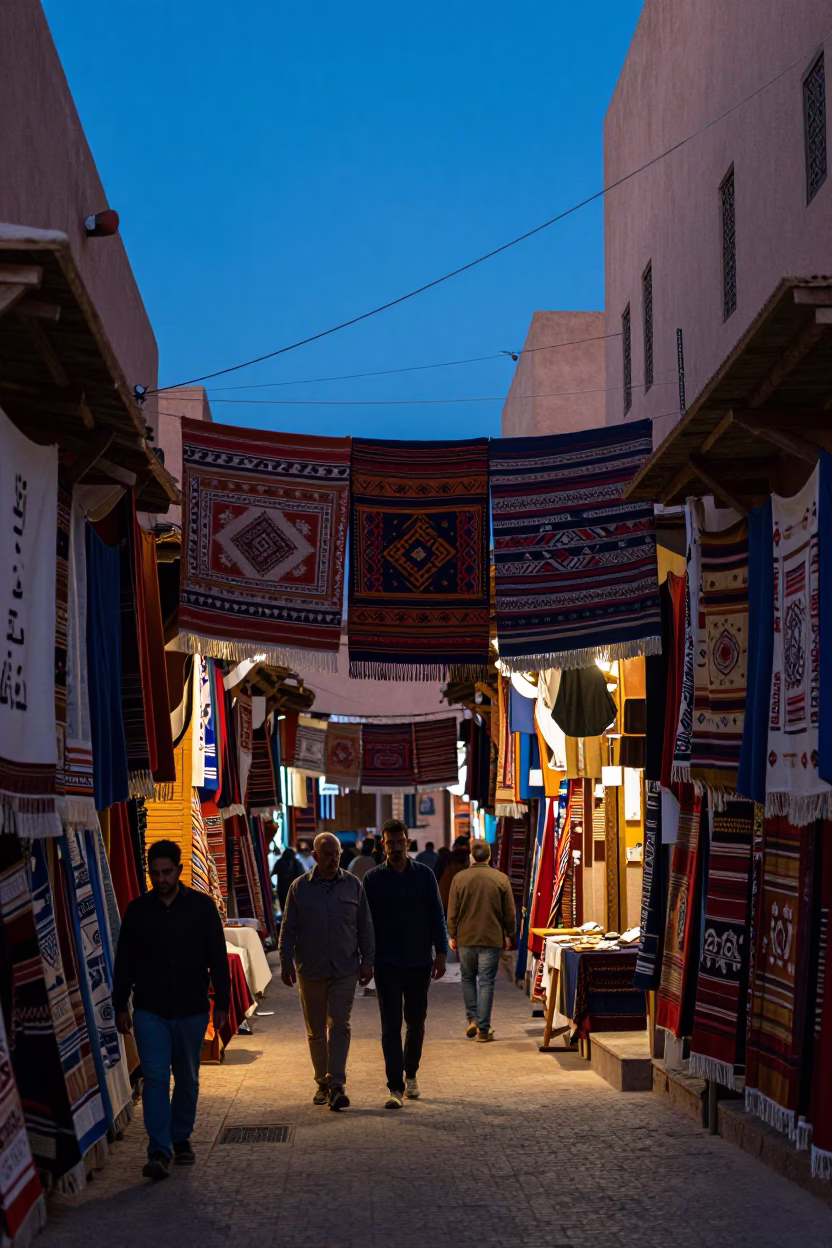 Busy Marrakech Souk Alley at Blue Hour with Hanging Textiles and Street Life in in Marrakech, Morocco
