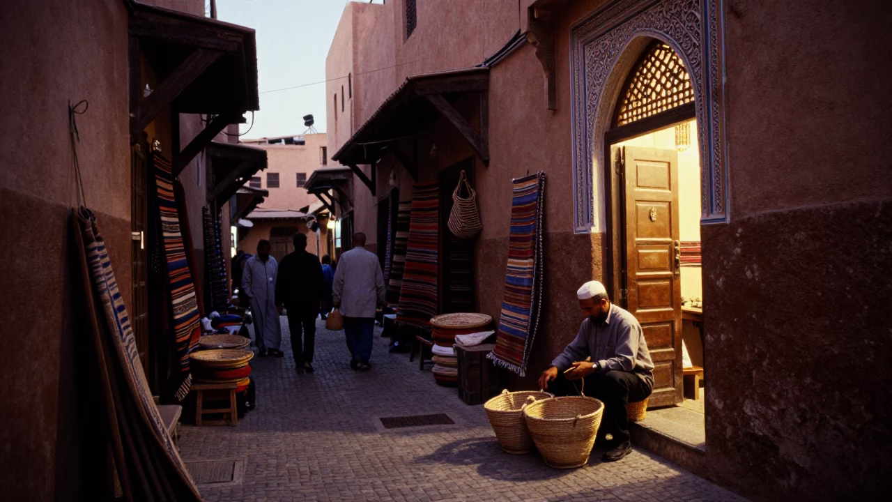 Busy Marrakech Souk Alley at Indigo Twilight with Woven Basket and Folding Chair in in Marrakech, Morocco