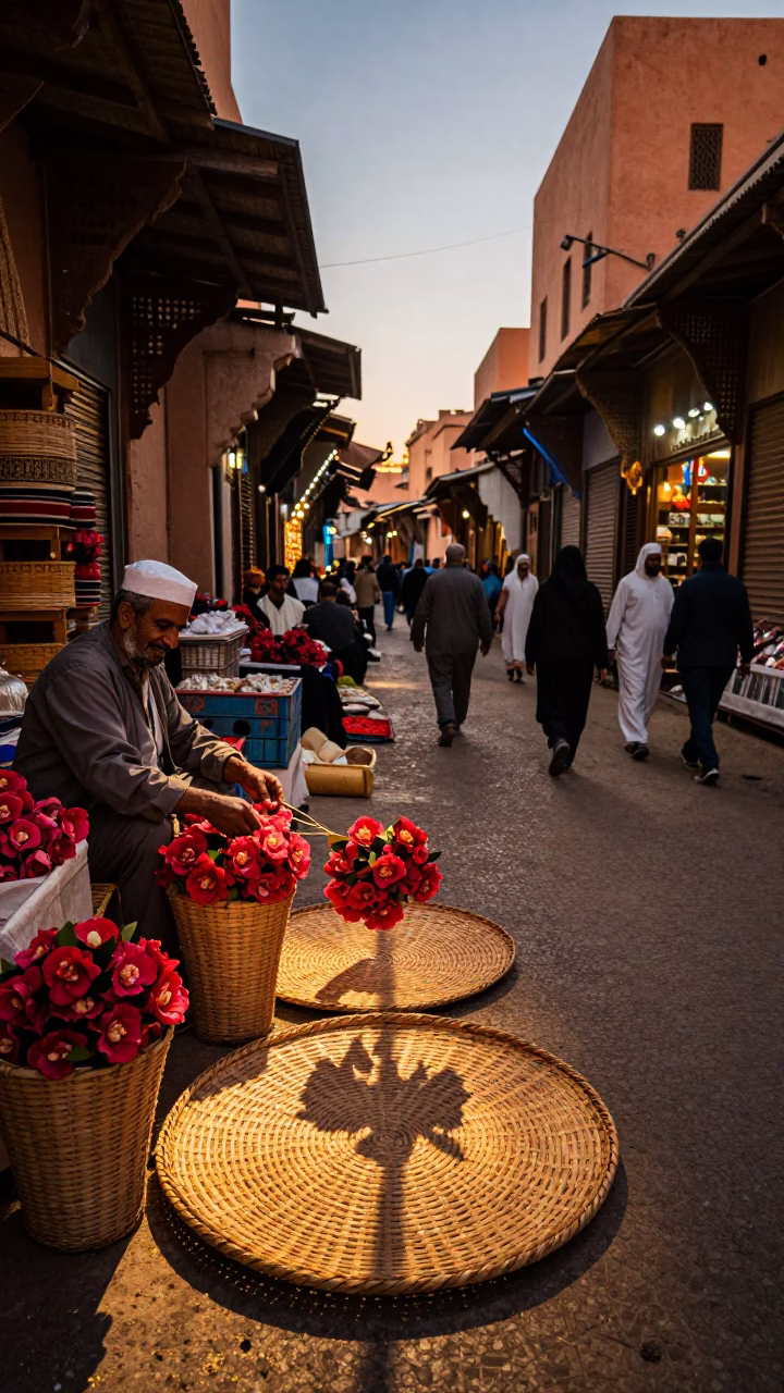 Busy Marrakech Souk Evening Light Wicker Shadow on Saucer Edge Camellia Shrub in in Marrakech, Morocco