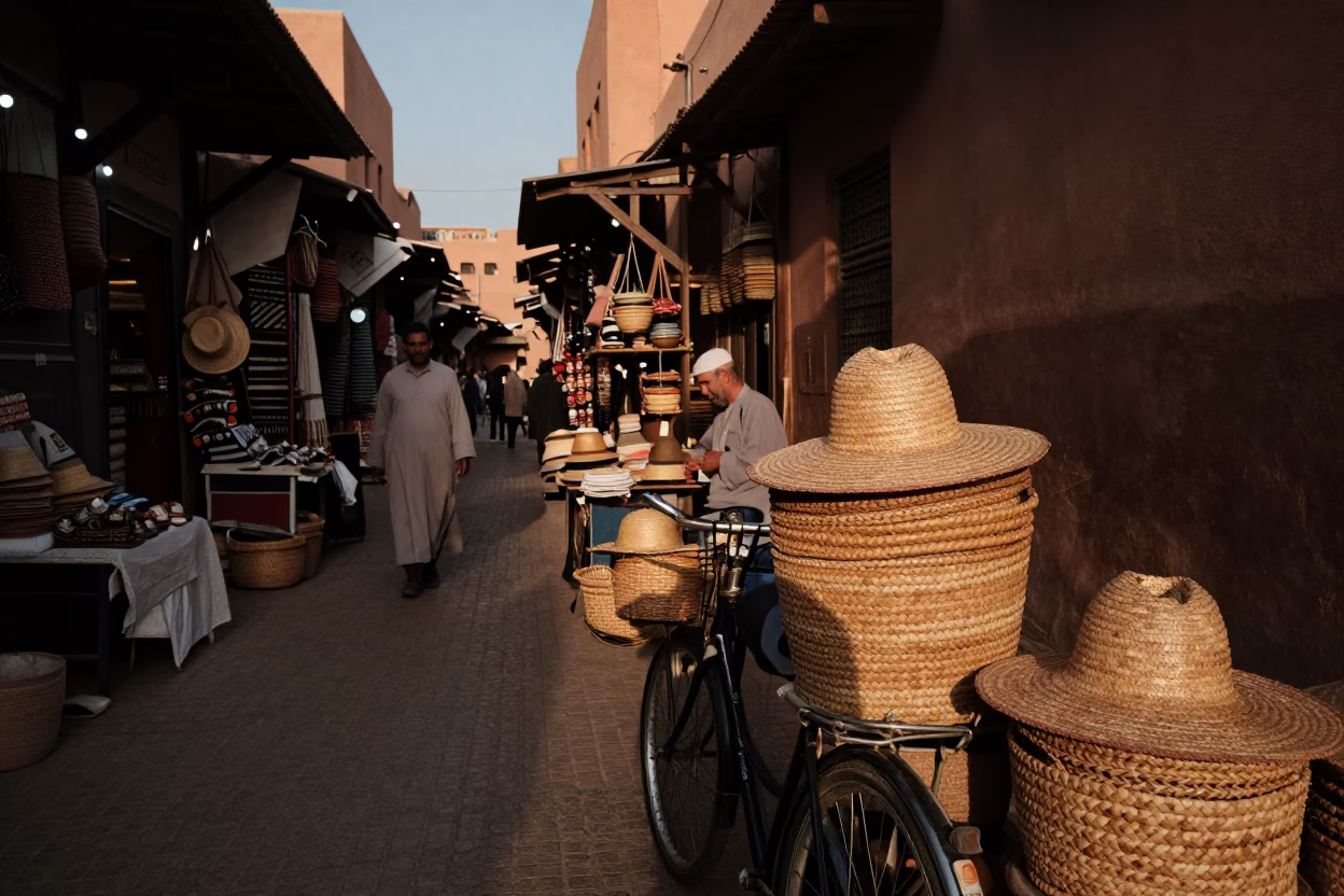 Busy Marrakech Souk Evening with Bicycle and Straw Hat in in Marrakech, Morocco