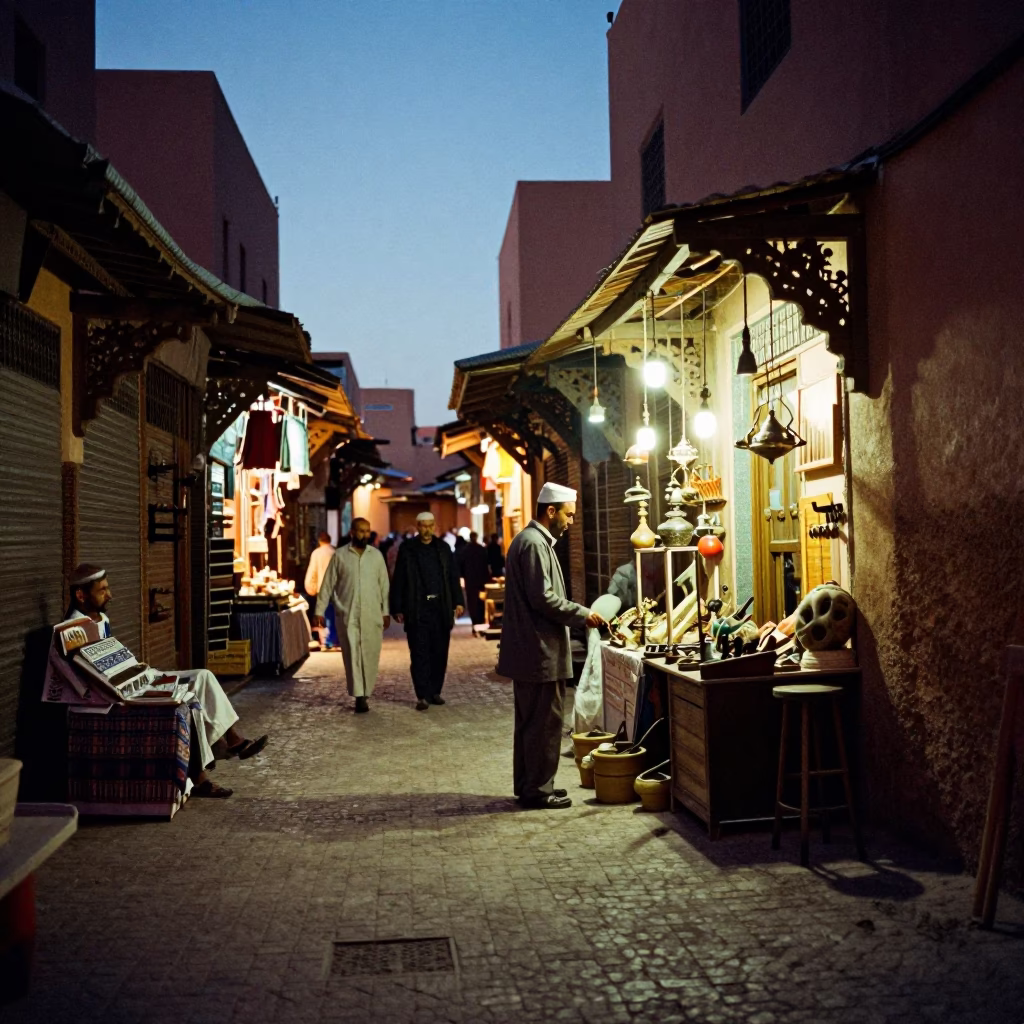 Busy Marrakech Souk Evening with Gardener and Traditional Tools in in Marrakech, Morocco