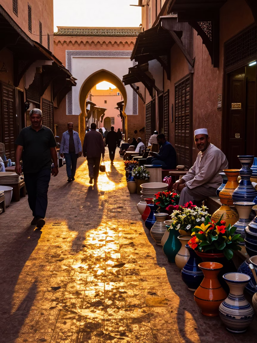 Busy Marrakech Souk Evening with Tiled Floor and Local Vendor in in Marrakech, Morocco