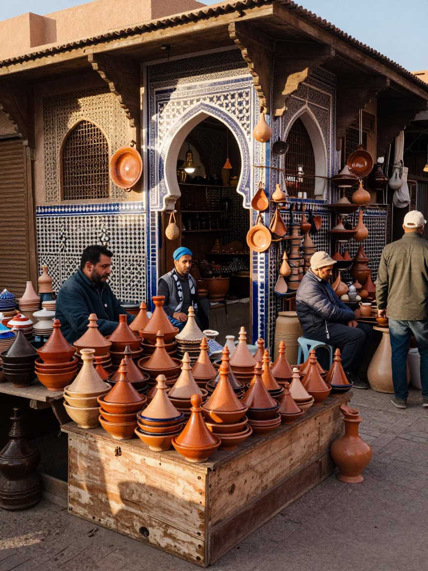 Busy Marrakech Souk Morning Stall with Traditional Pottery and Fresh Produce in in Marrakech, Morocco