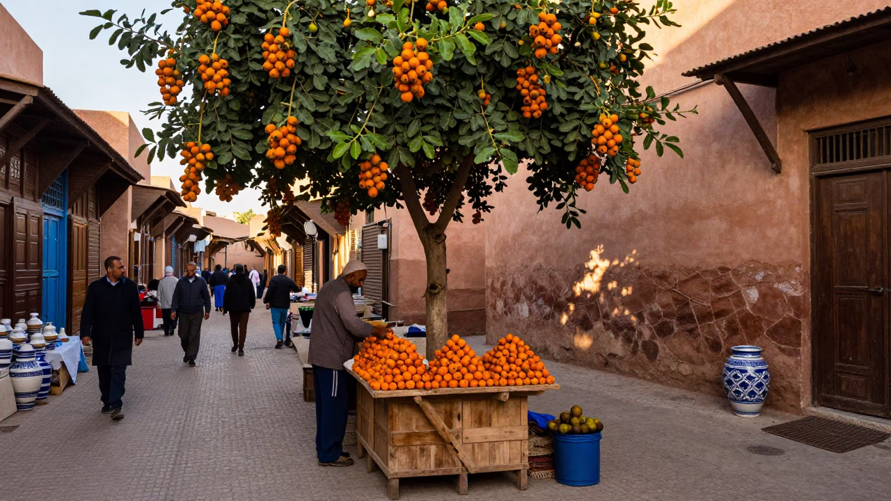Busy Marrakech Souk Morning with Fig Tree and Ceramic Bowl in in Marrakech, Morocco