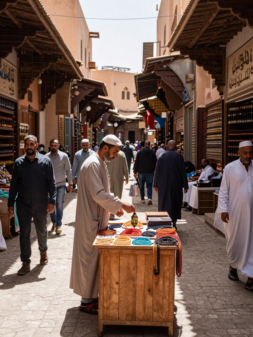 Busy Marrakech Souk Noon Light Prayer Beads and Local Commerce in in Marrakech, Morocco