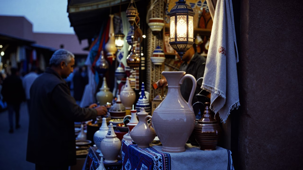 Busy Marrakech Souk Stall at Blue Hour with Ceramic Pitcher and Towel Hook in in Marrakech, Morocco