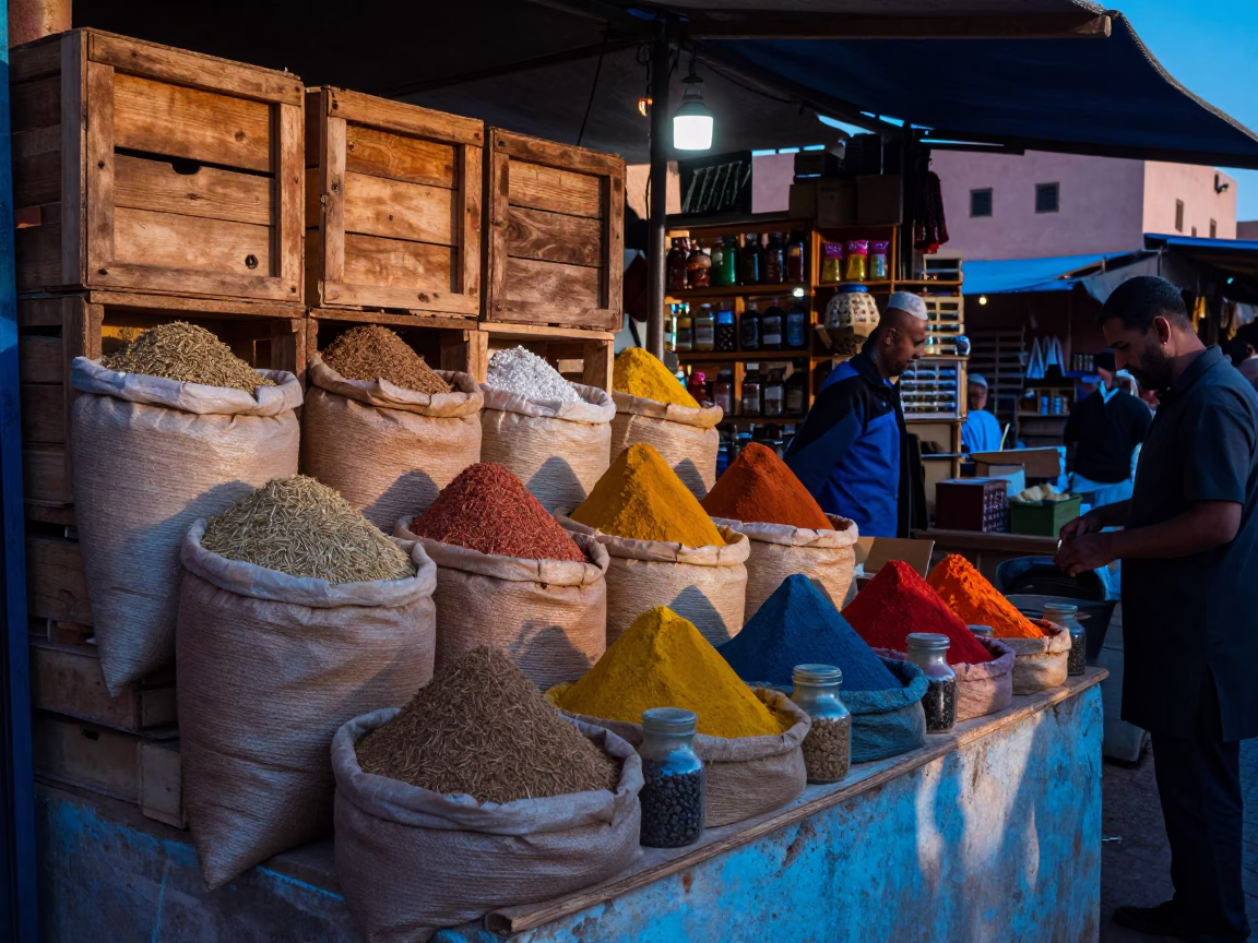 Busy Marrakech Souk Stall at Nautical Dawn with Spice Jars and Local Commerce in in Marrakech, Morocco