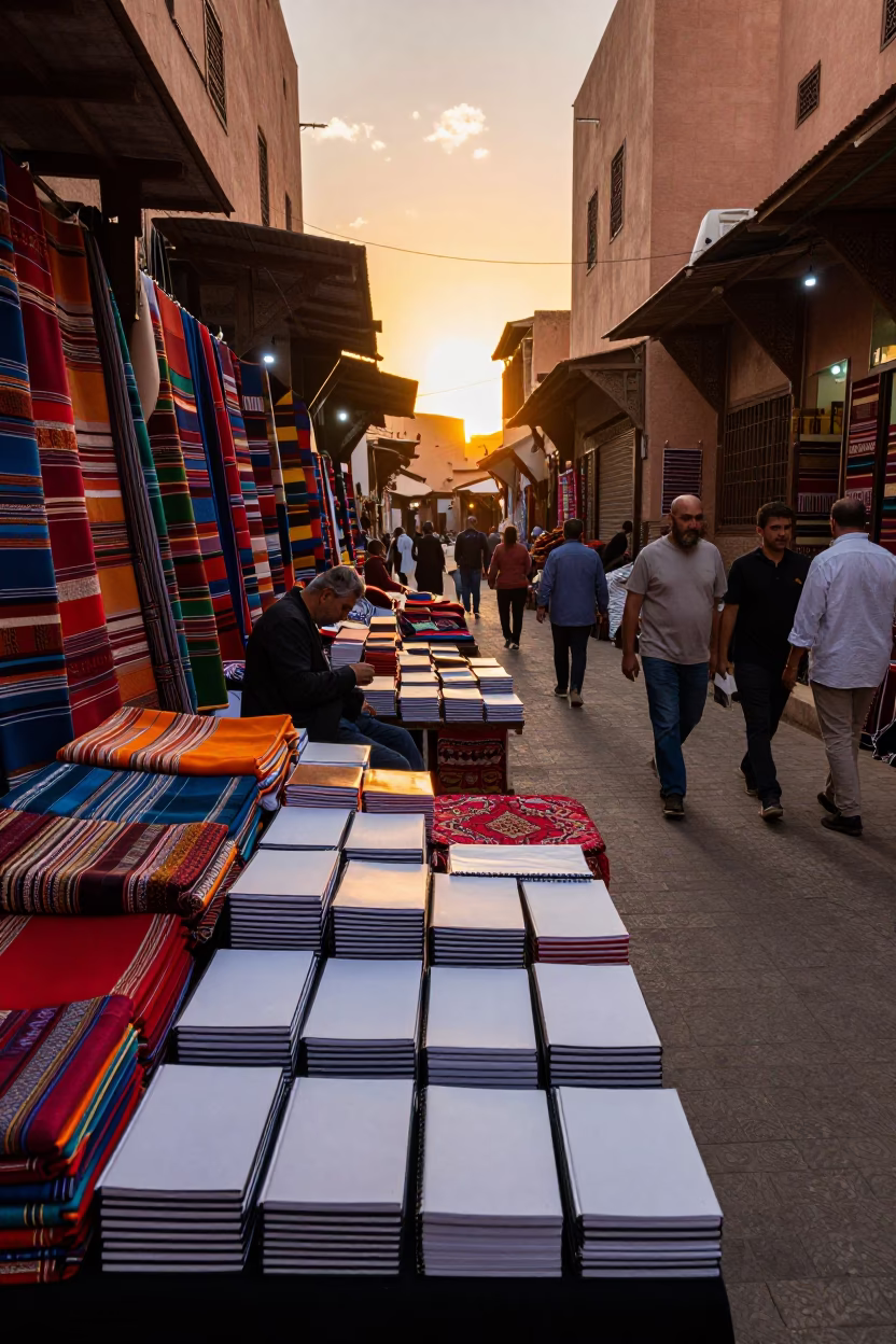 Busy Marrakech Souk Stall at Sunset with Blank Notebooks and Mending Basket in in Marrakech, Morocco