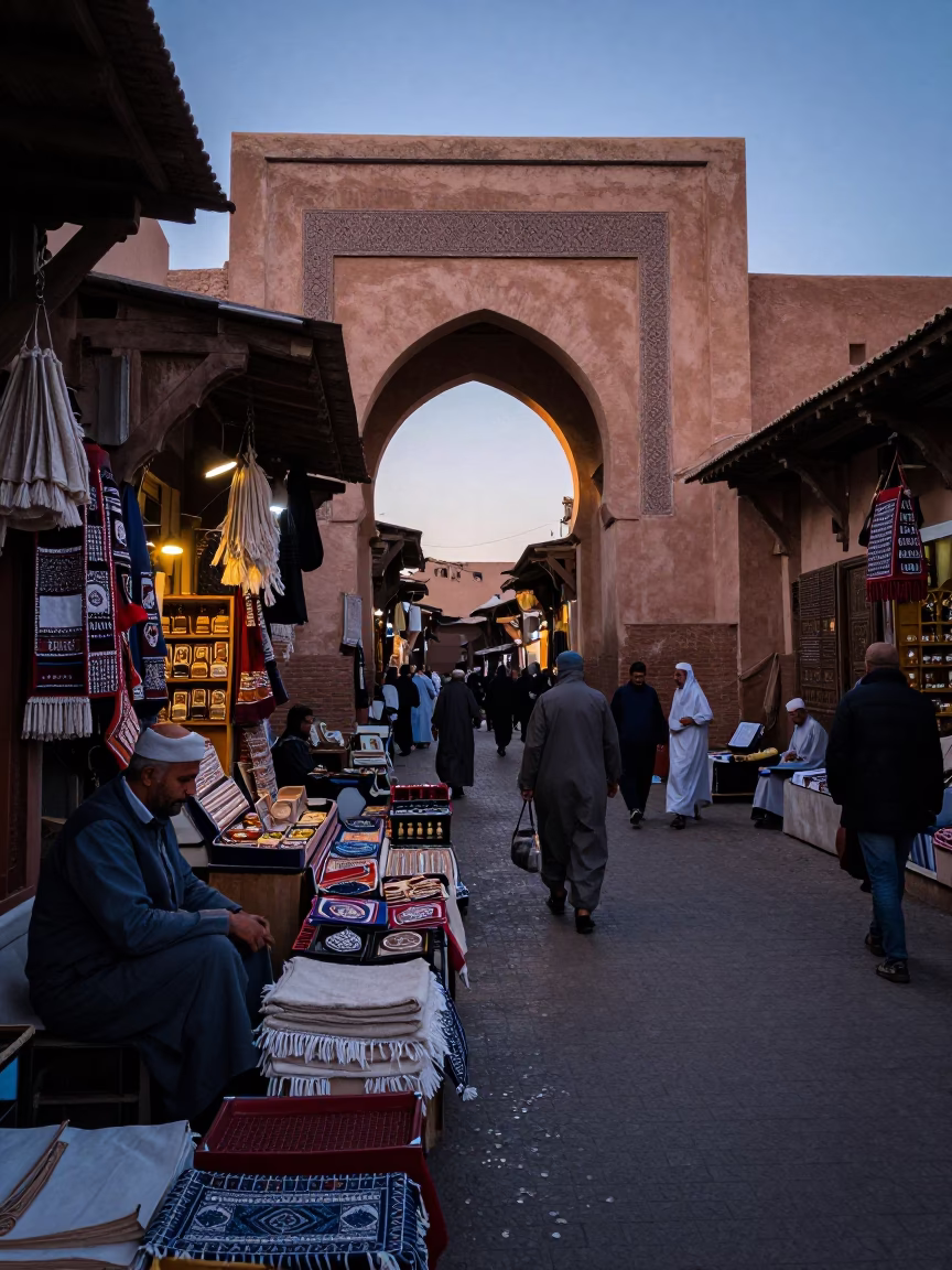 Busy Marrakech Souk Stall Before Sunrise with Linen Fringe Mirror and Antique Microscope in in Marrakech, Morocco