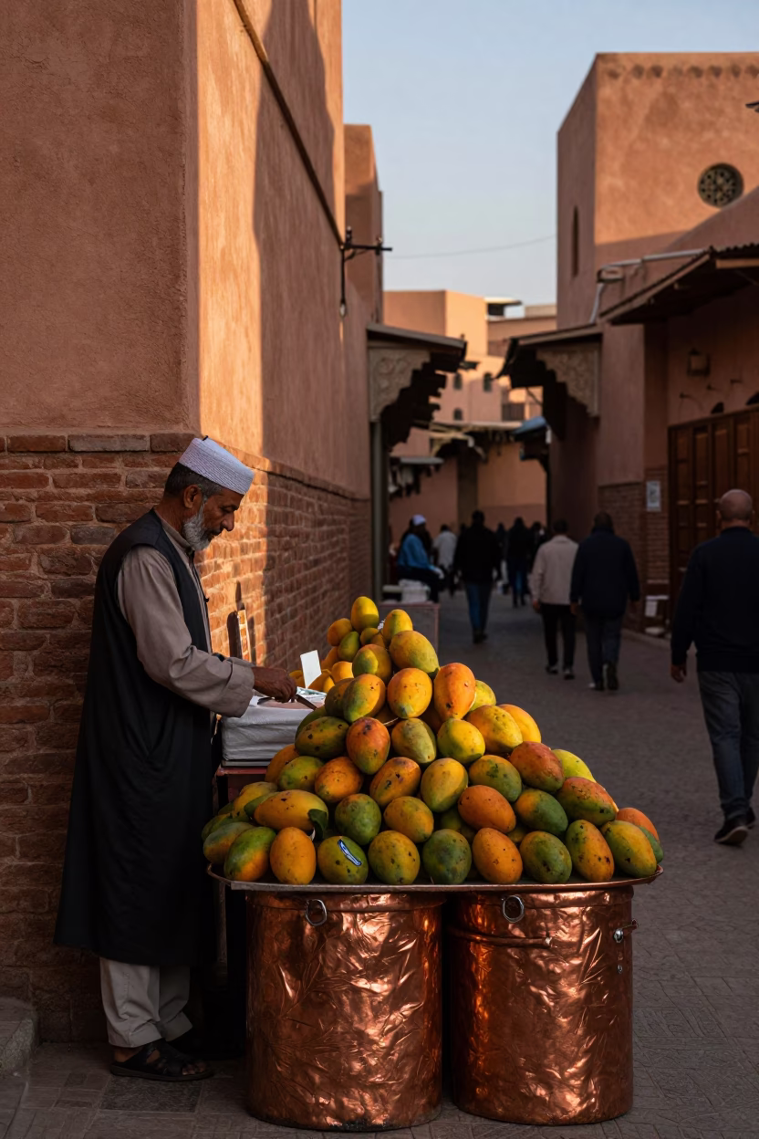 Busy Marrakech Souk Stall Displaying Fresh Mangoes in Copper Dusk Light in in Marrakech, Morocco