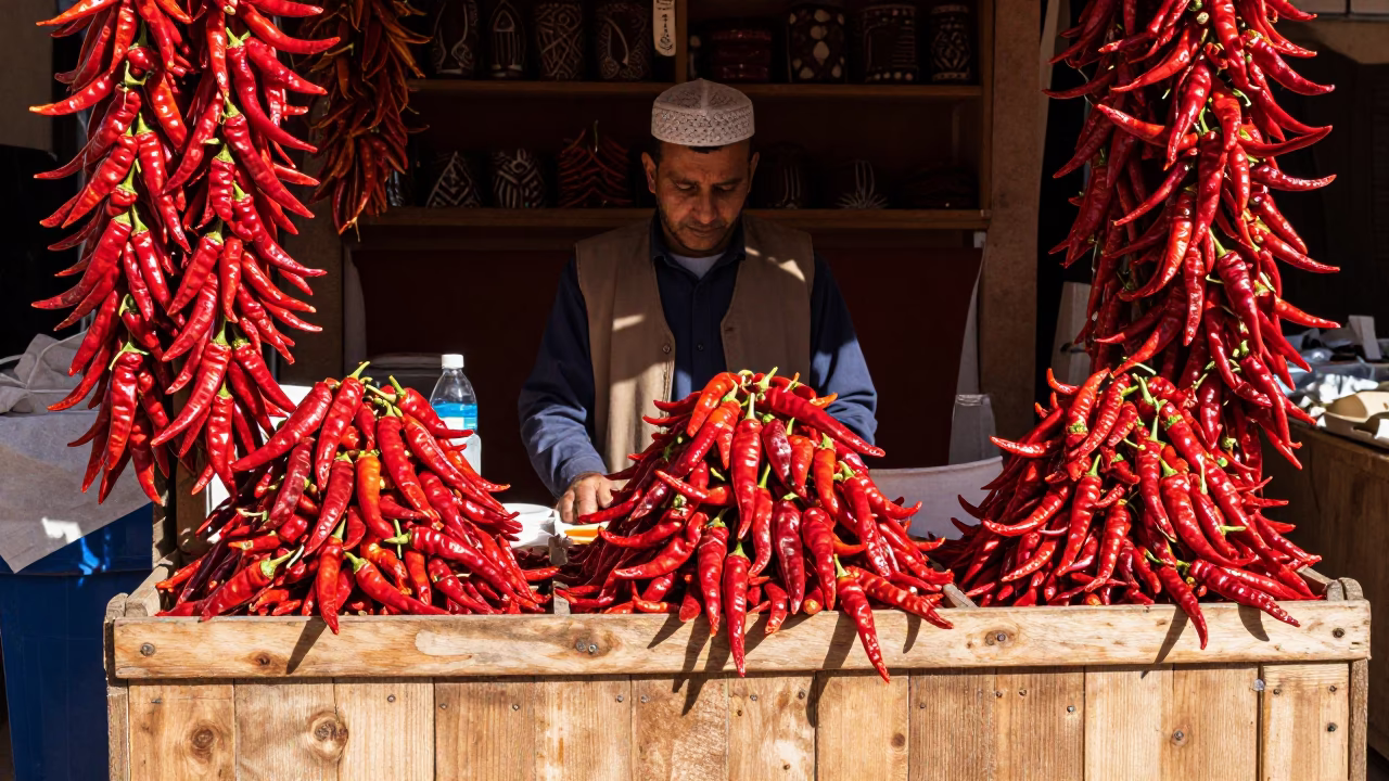 Busy Marrakech Souk Stall Displaying Fresh Red Chili Peppers Under Harsh Noon Sunlight in in Marrakech, Morocco