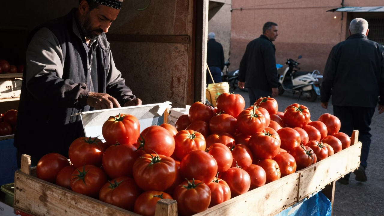 Busy Marrakech Souk Stall Displaying Fresh Red Tomatoes and Spices in Late Morning Light in in Marrakech, Morocco