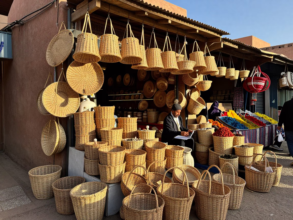 Busy Marrakech Souk Stall Displaying Wicker Baskets in Late Afternoon Light in in Marrakech, Morocco