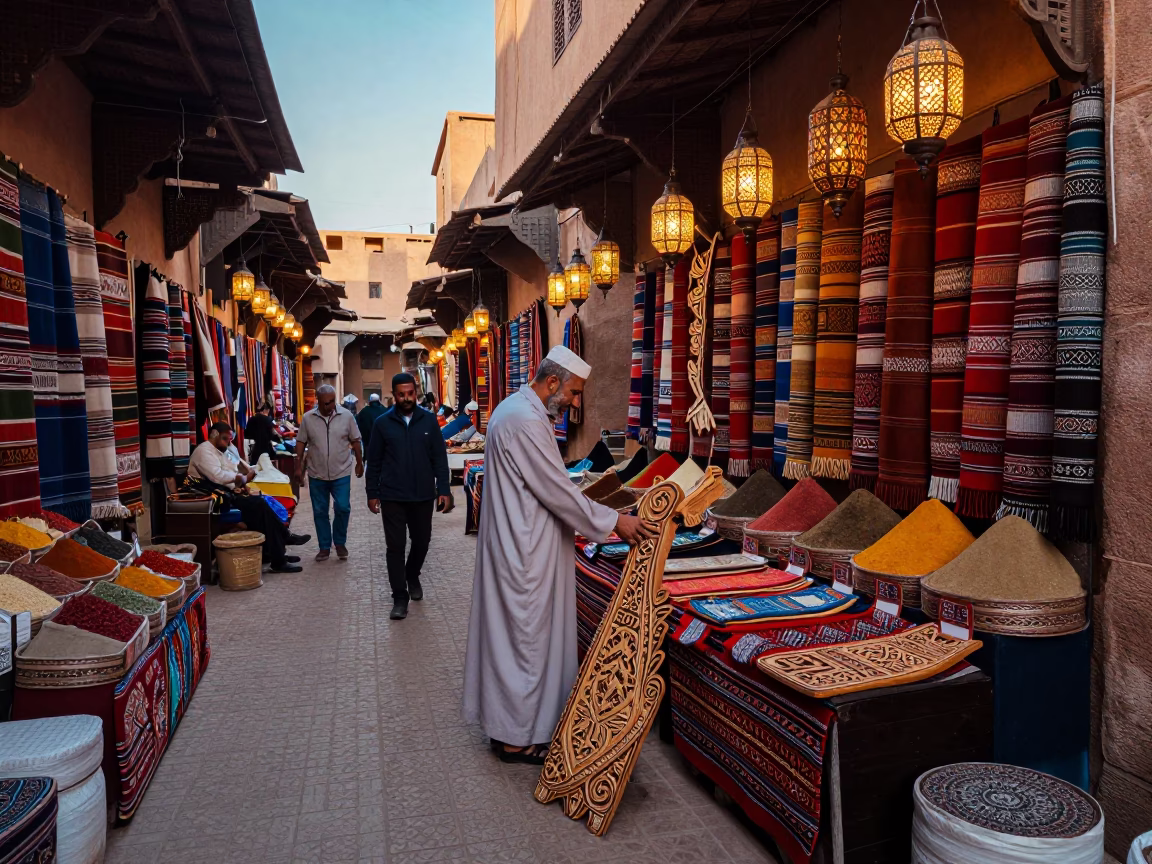 Busy Marrakech Souk Stall Early Morning Light Wooden Longtail Boat Decor and Local Vendor in in Marrakech, Morocco