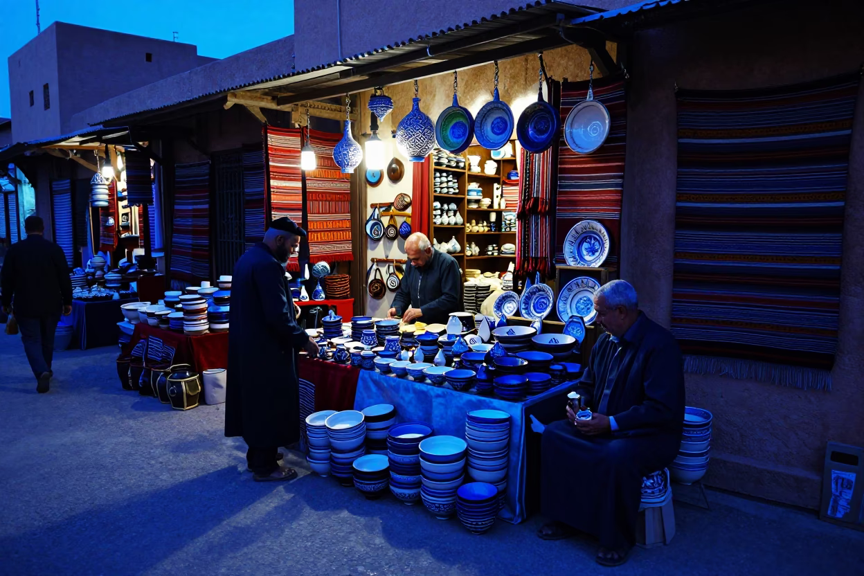 Busy Marrakech Souk Stall in Evening Blue Light with Glazed Ceramics in in Marrakech, Morocco