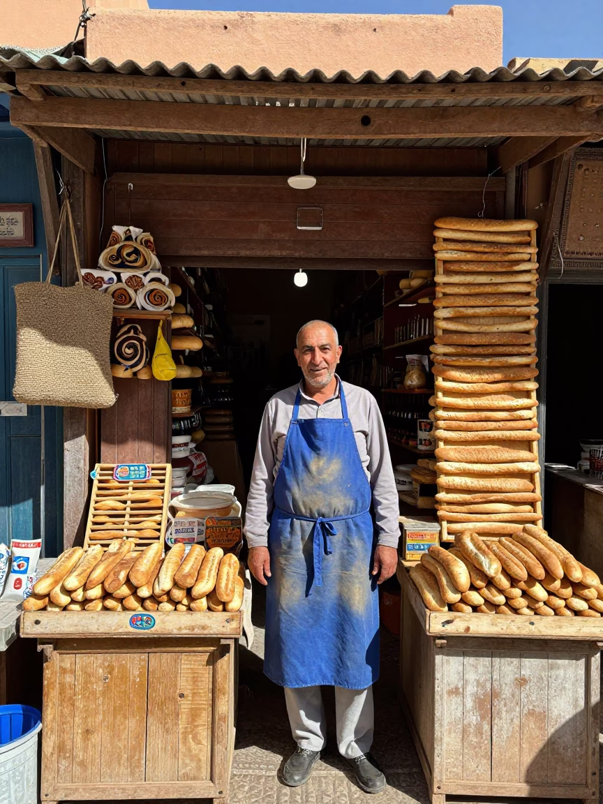 Busy Marrakech Souk Stall with Aprons and Bread Board at Midday in in Marrakech, Morocco