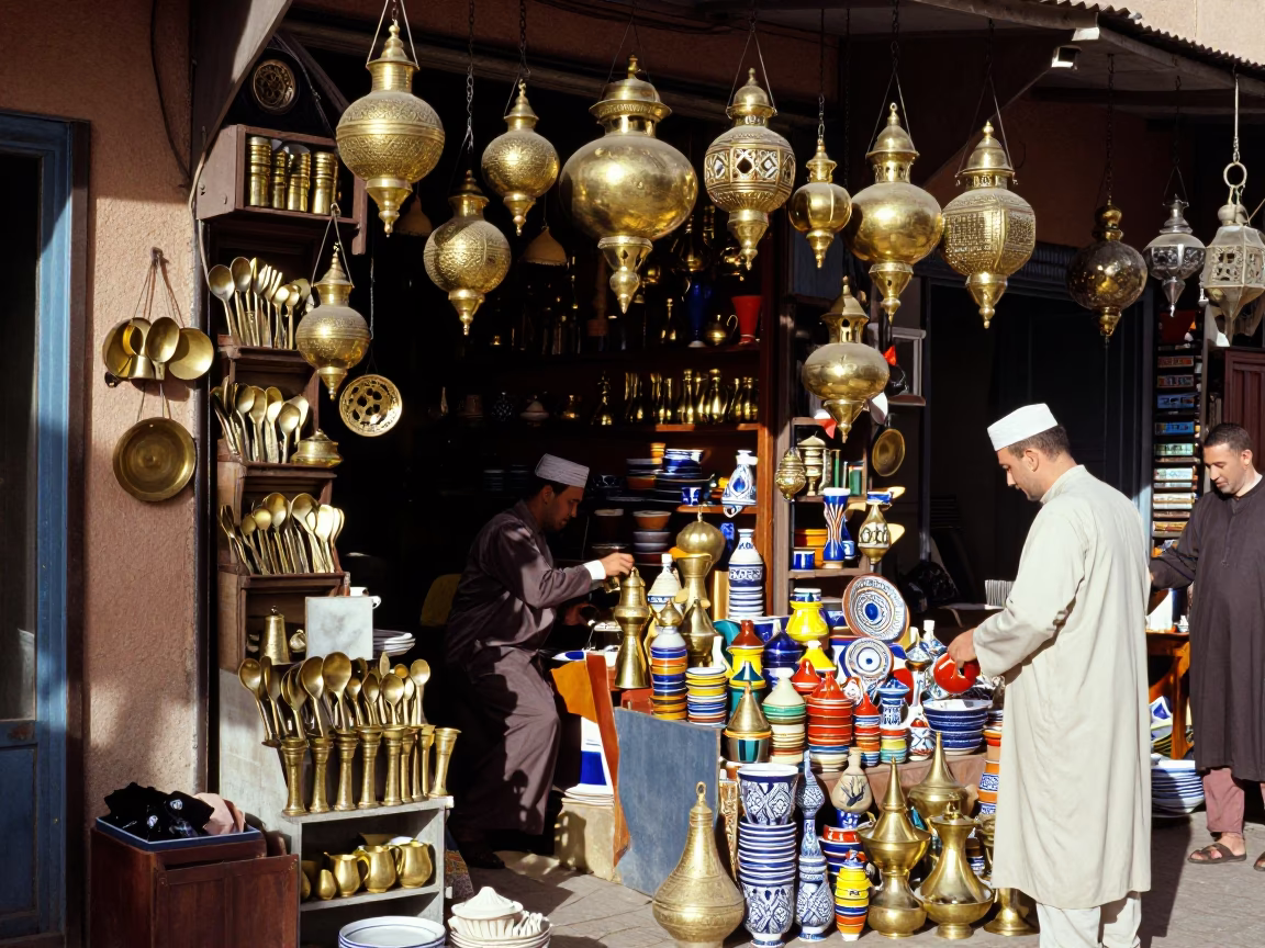 Busy Marrakech Souk Stall with Brass Cutlery and Traditional Moroccan Goods at Midday in in Marrakech, Morocco