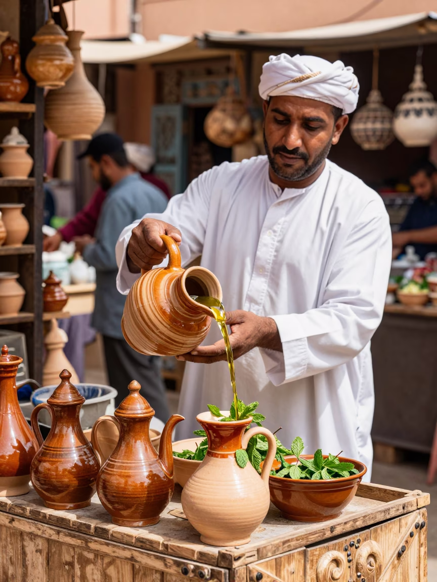 Busy Marrakech Souk Stall with Ceramic Pitcher and Harira Soup Under Noon Sun in in Marrakech, Morocco