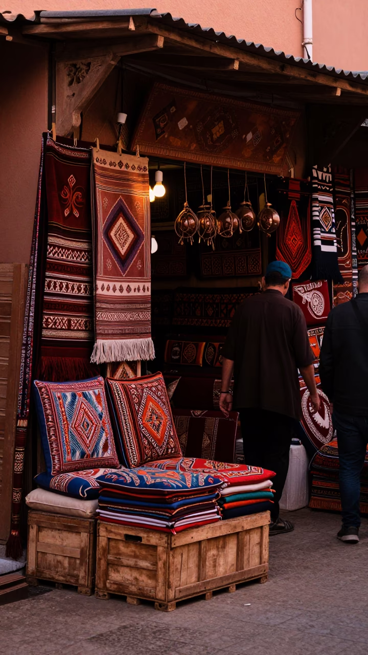 Busy Marrakech Souk Stall with Crate and Cushions in Copper Dusk Light in in Marrakech, Morocco