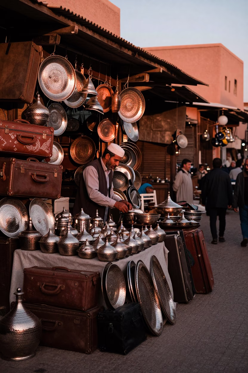 Busy Marrakech Souk Stall with Hammered Metal and Suitcases in Copper Dusk Light in in Marrakech, Morocco