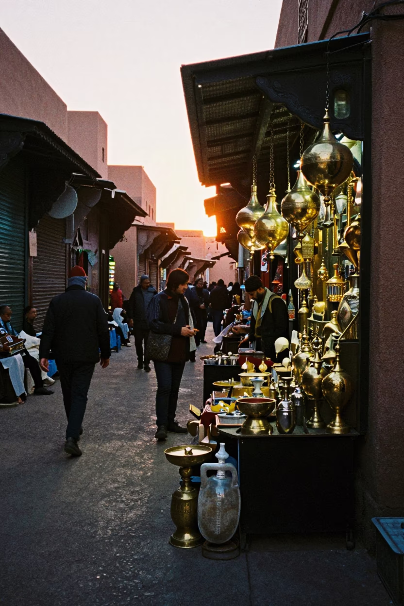 Busy Marrakech Souk Stall with Polished Brass and Local Commerce in Early Evening Light in in Marrakech, Morocco