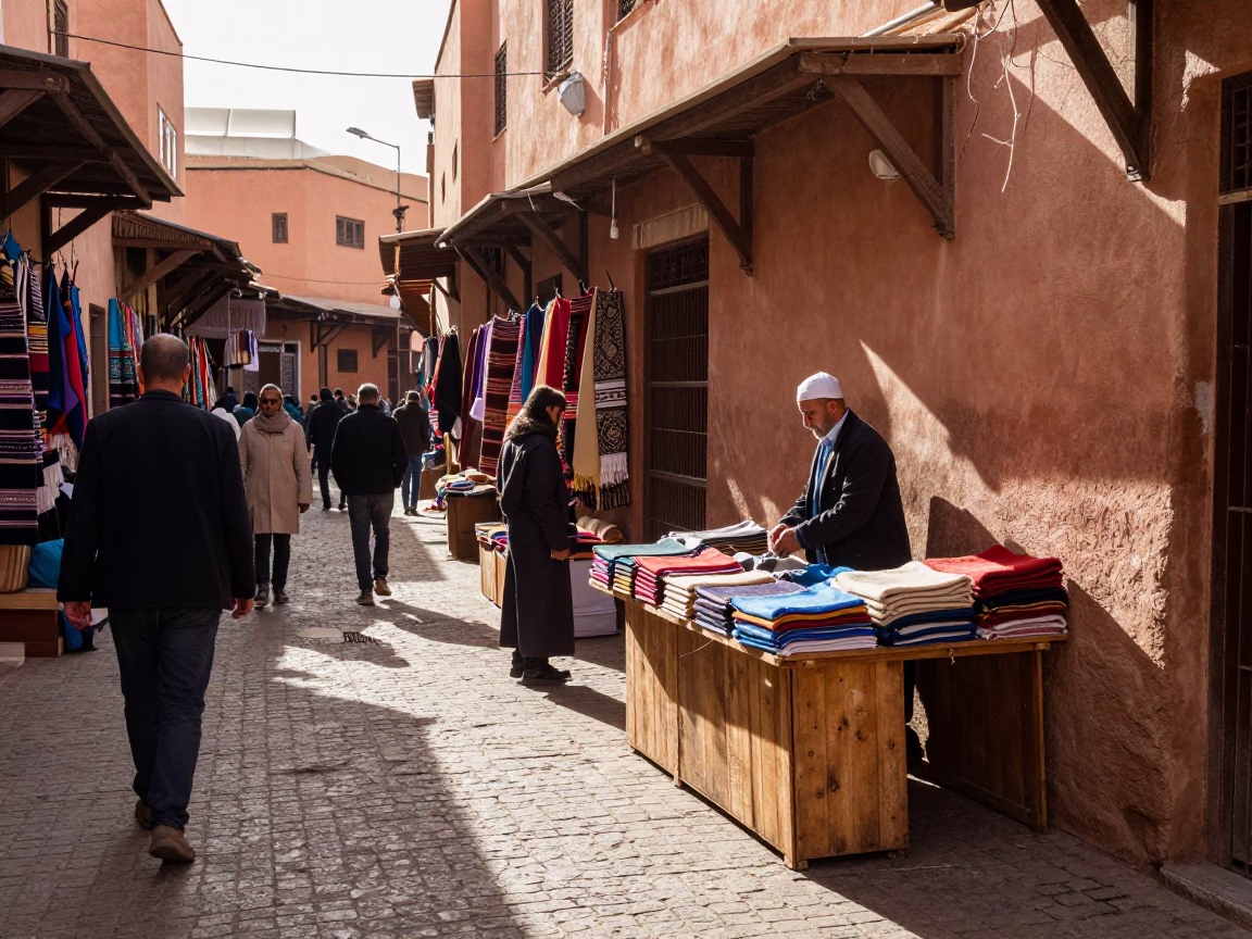 Busy Marrakech Souk Street Late Morning with Wool Scarves and Traditional Architecture in in Marrakech, Morocco