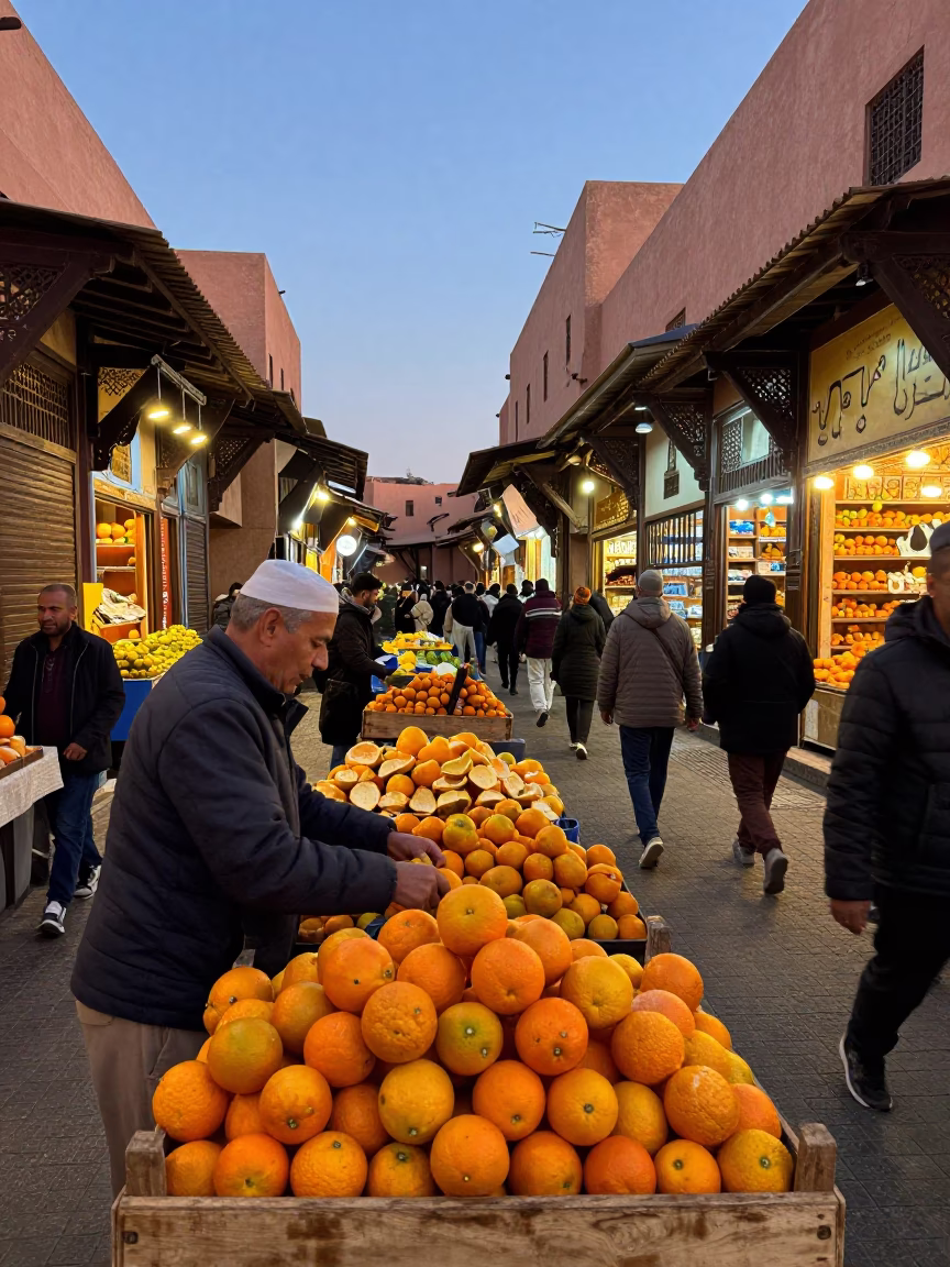 Busy Marrakech Souk Street Scene at Twilight with Citrus Peels and Antiques in in Marrakech, Morocco