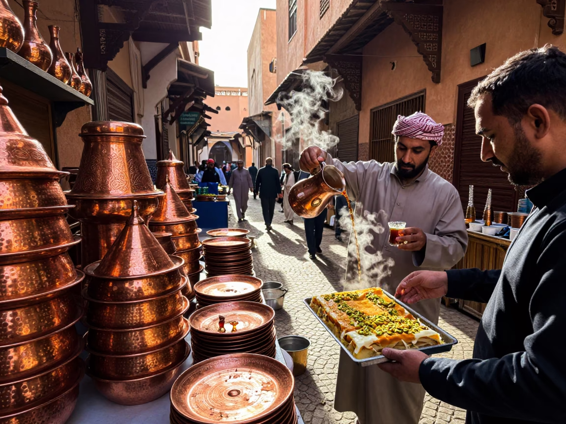 Busy Marrakech Souk Street Scene with Copper Platter and Traditional Tea Service in in Marrakech, Morocco