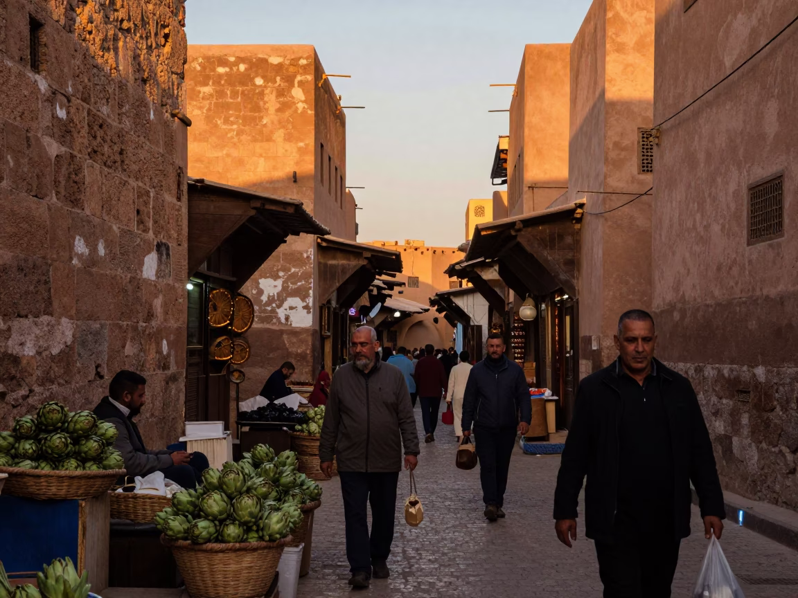Busy Marrakech Souk Sunset with Mossy Stone Walls and Artichokes in in Marrakech, Morocco