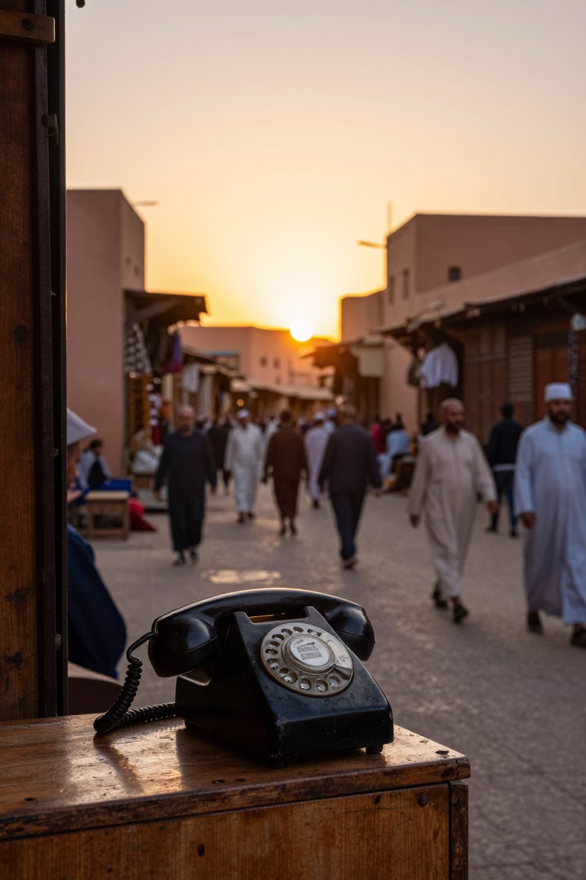 Busy Marrakech Souk Sunset with Vintage Bakelite Telephone and Coiled Rope in in Marrakech, Morocco