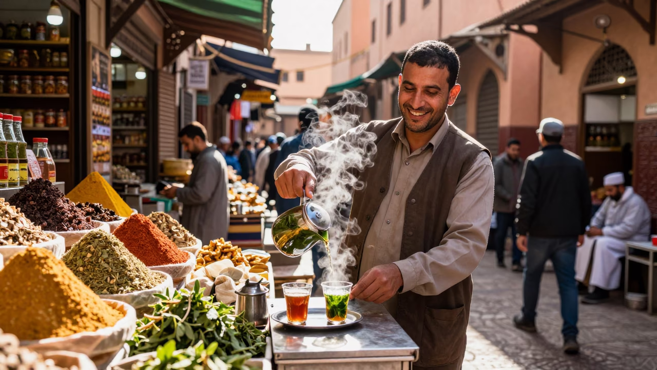 Busy Marrakech Souk Vendor Serving Traditional Moroccan Mint Tea with Clay Pot in in Marrakech, Morocco