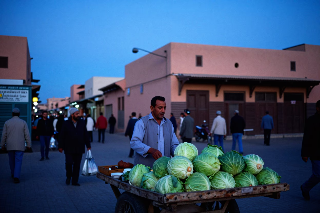 Busy Marrakech Street Scene at Blue Hour with Vendors and Traditional Architecture in in Marrakech, Morocco