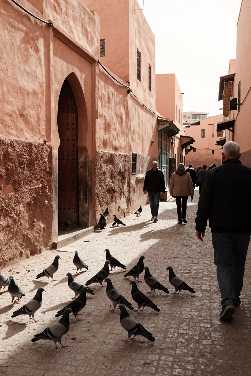 Busy Marrakech Street Scene Early Afternoon with Pigeons and Local Life in in Marrakech, Morocco
