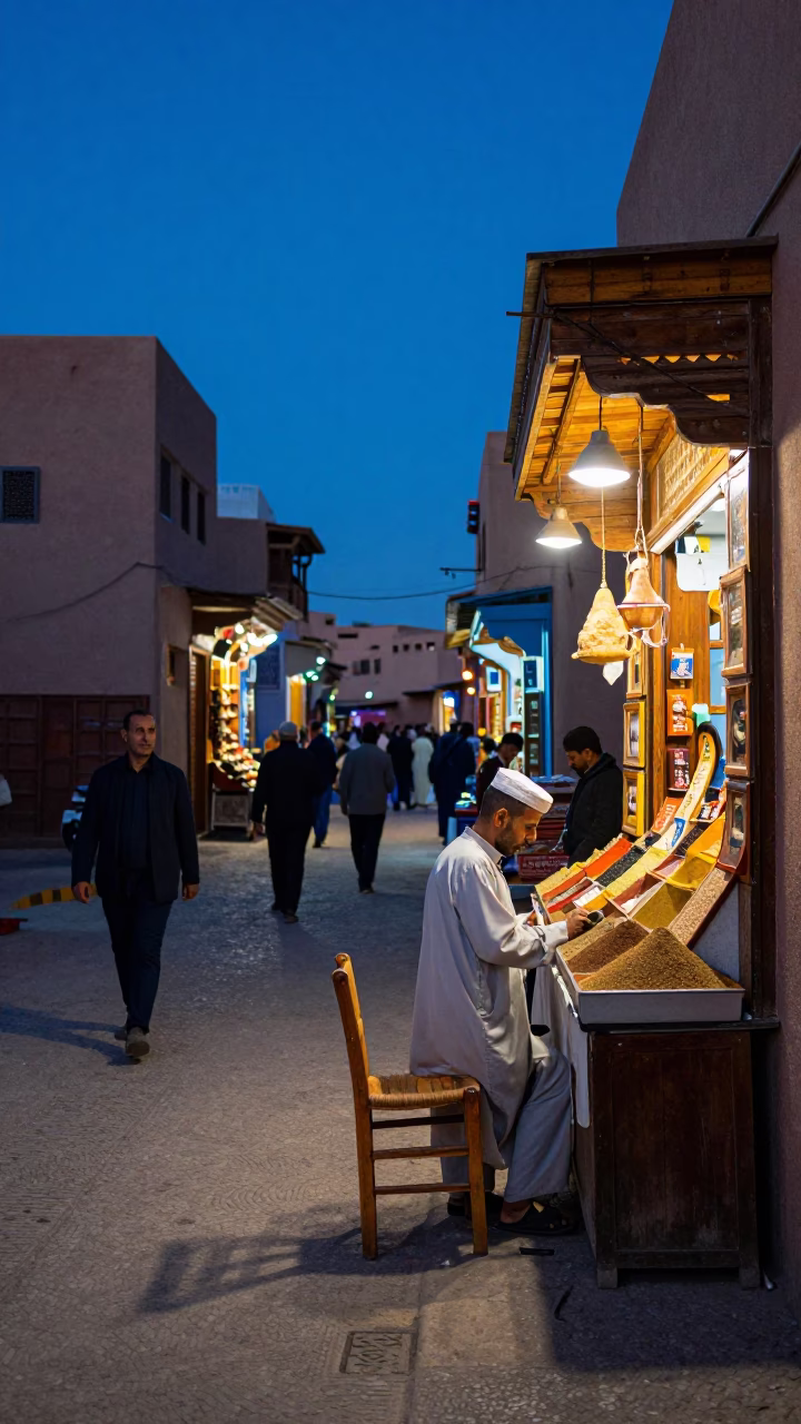 Busy Marrakech Street Scene in Indigo Twilight with Wooden Chair and Local Activity in in Marrakech, Morocco