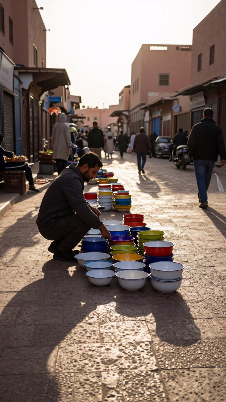 Busy Marrakech Street Scene Late Afternoon with Enamel Bowls and Pitcher in in Marrakech, Morocco