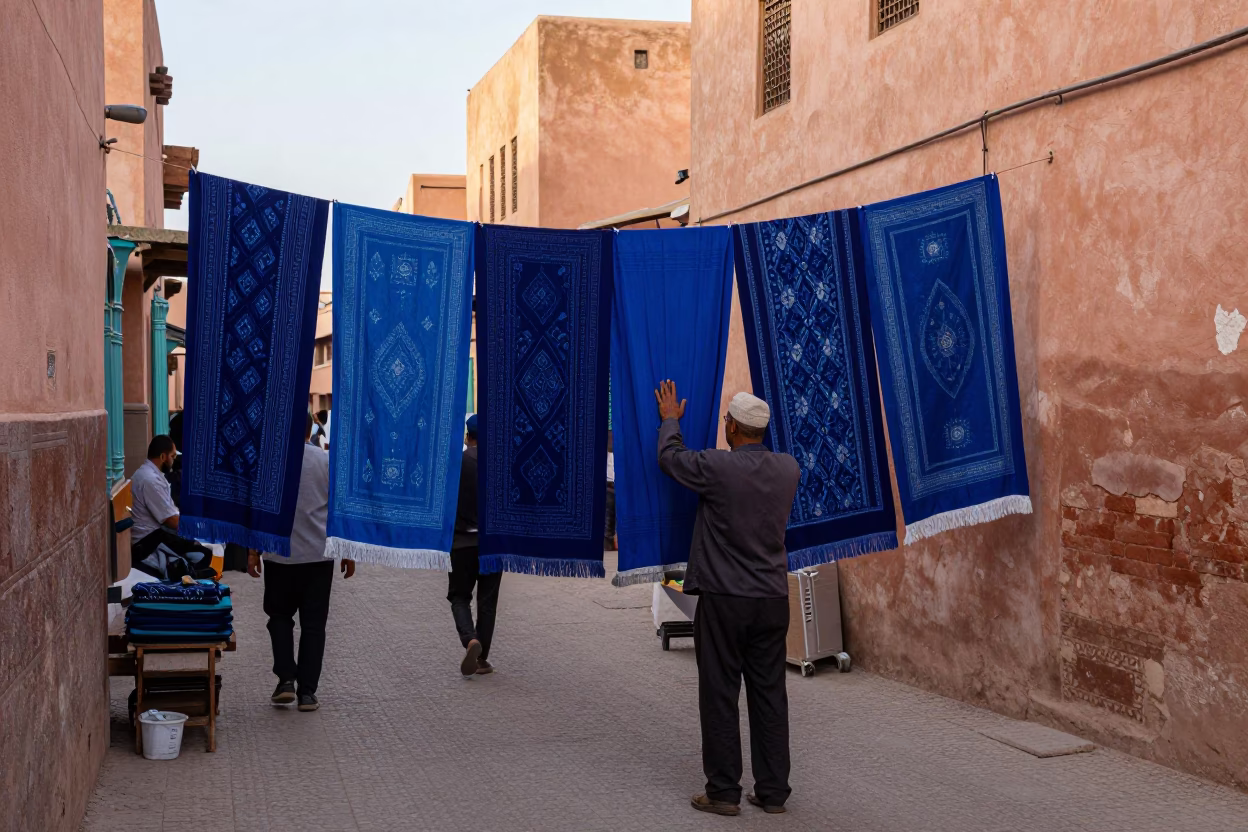 Busy Marrakech Street Scene Late Morning with Indigo Fabric and Traditional Architecture in in Marrakech, Morocco