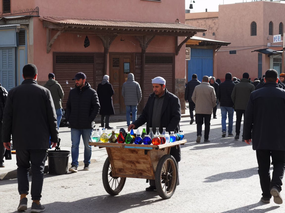 Busy Marrakech Street Scene Winter Noon Local Vendor and Passersby in in Marrakech, Morocco