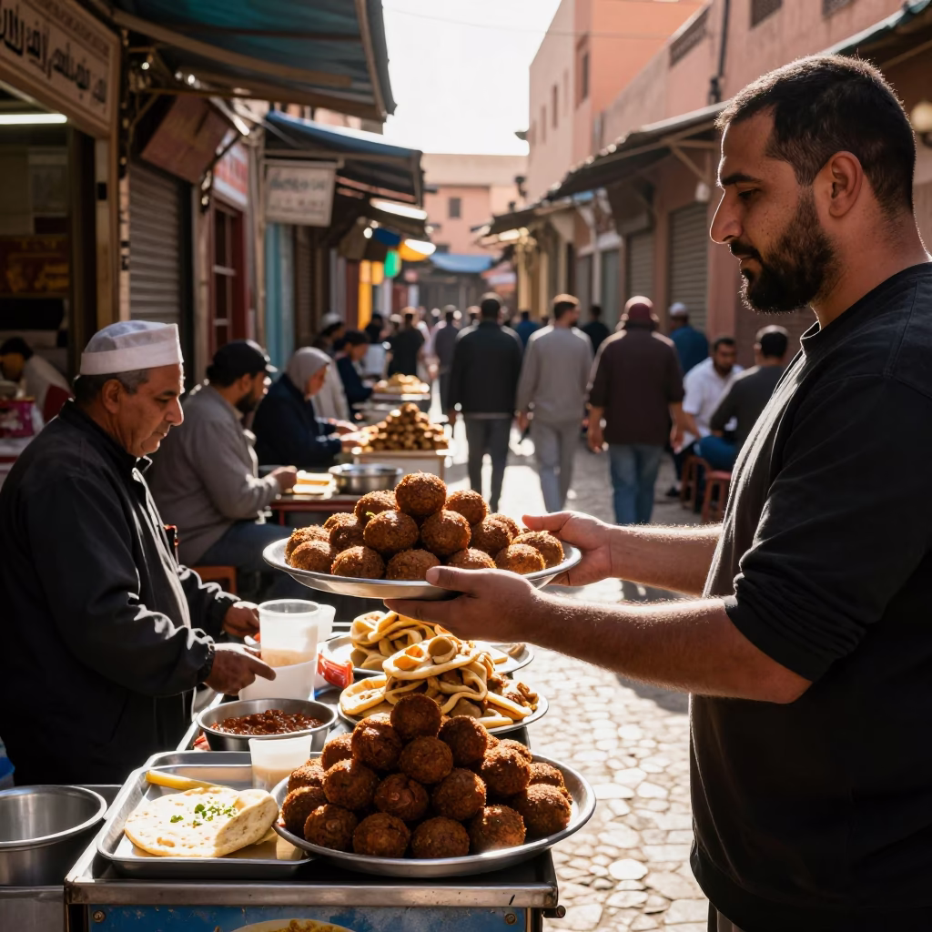 Busy Marrakech Street Stall Early Afternoon Serving Falafel Pita and Tahini Sauce in in Marrakech, Morocco