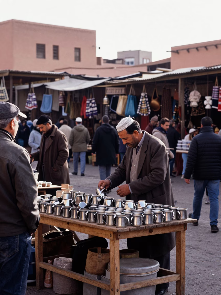 Busy Marrakech Winter Noon Market Scene with Local Merchants in in Marrakech, Morocco