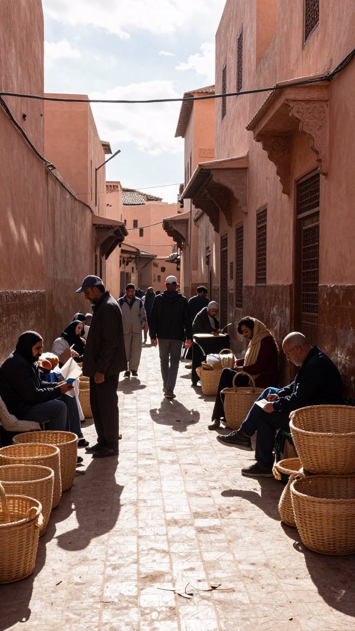 Busy Marrakech Winter Noon Street Scene with Woven Baskets and Geraniums in in Marrakech, Morocco