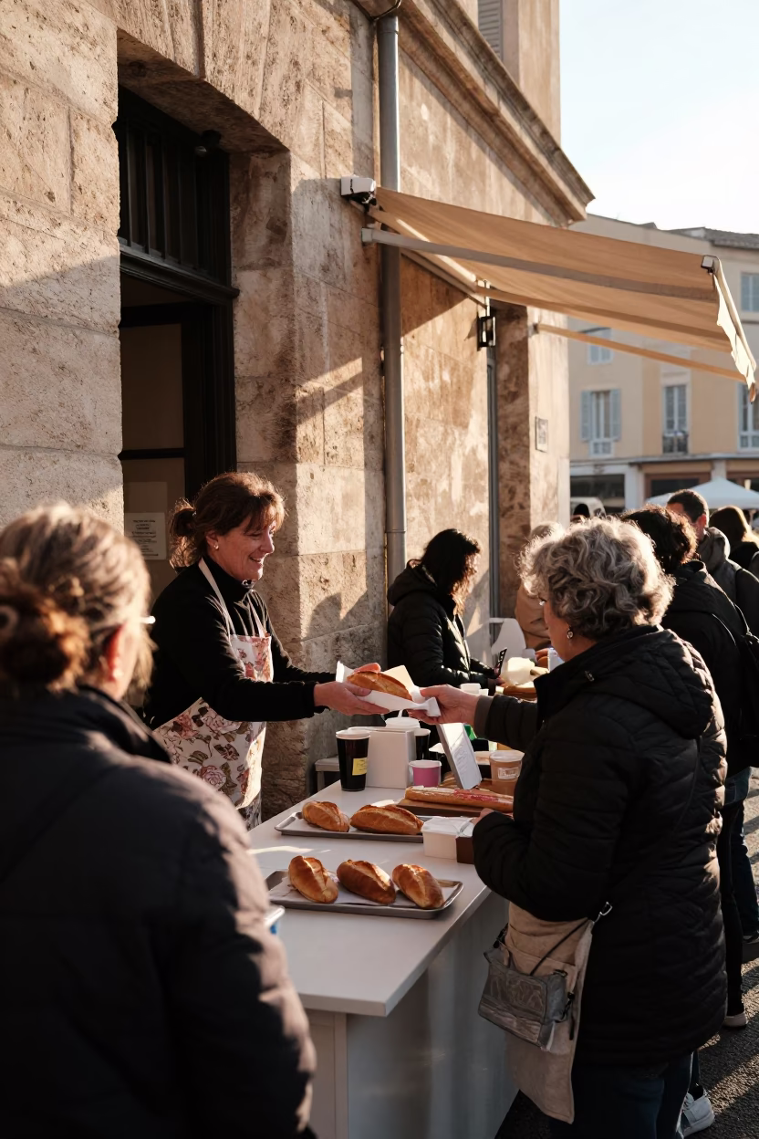 Busy Marseille Breakfast Stall After Sunrise With Local Customers And Traditional Food in in Marseille, France