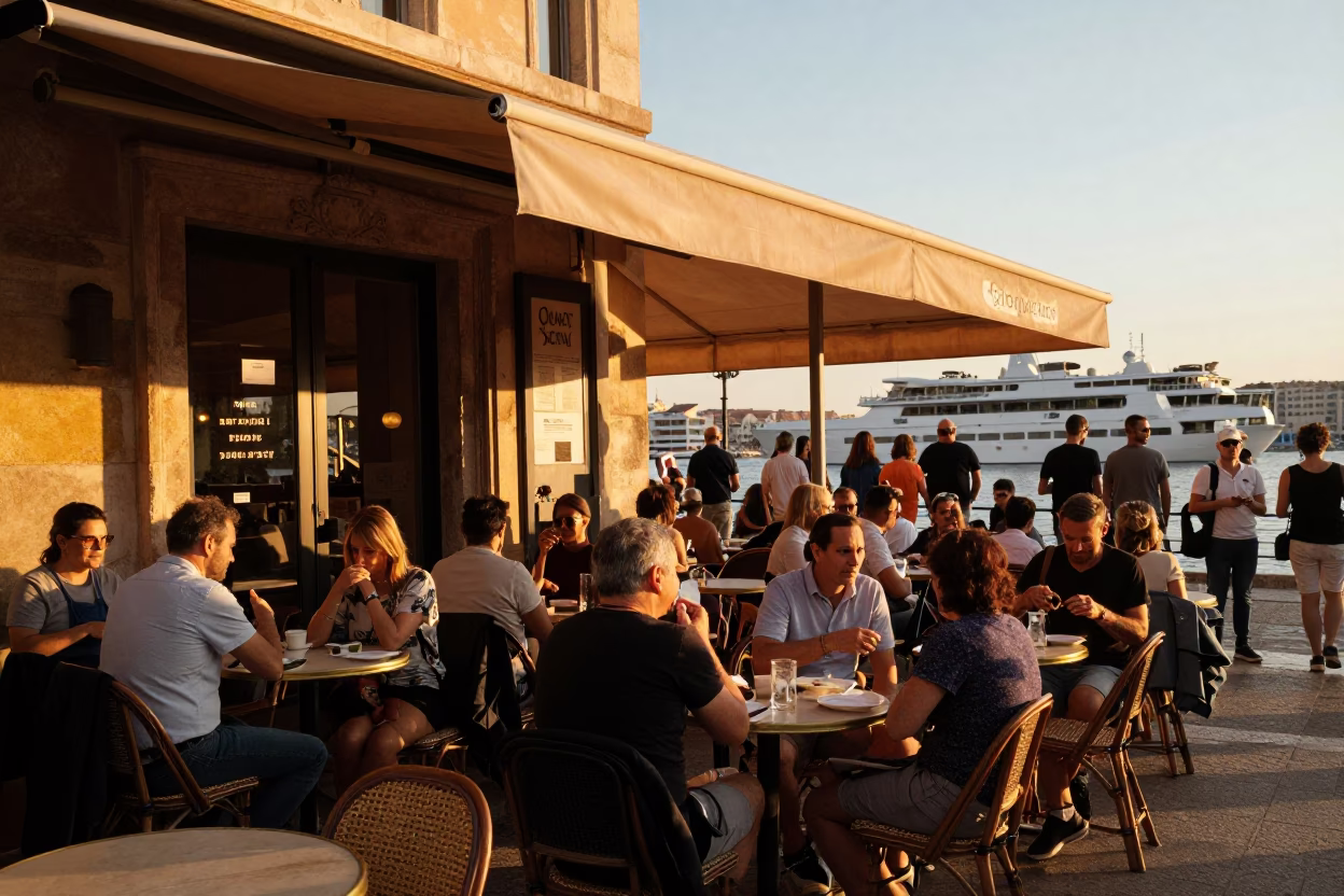 Busy Marseille Cafe Terrace in Honeyed Evening Light with Wall Shelf and Hinge Details in in Marseille, France