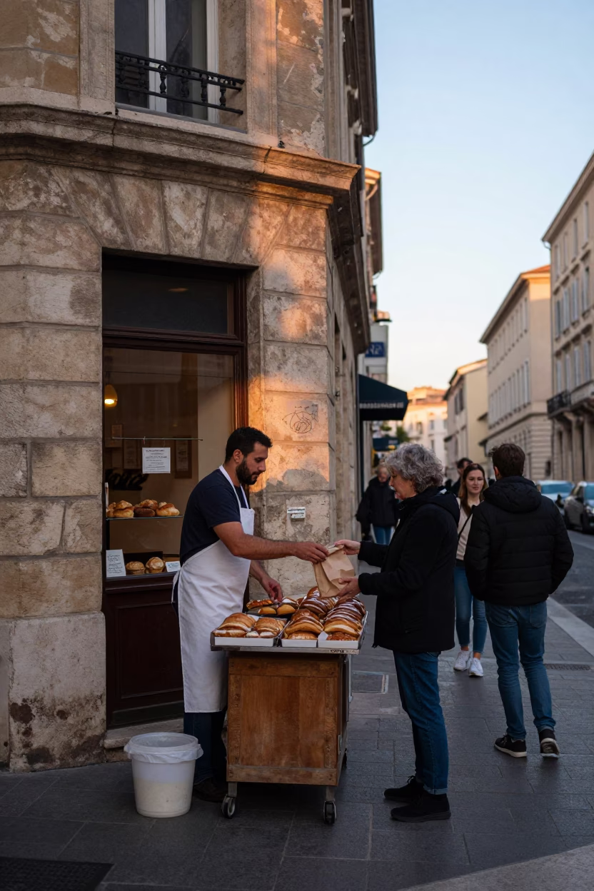 Busy Marseille dawn street scene with breakfast vendor and stone architecture in in Marseille, France