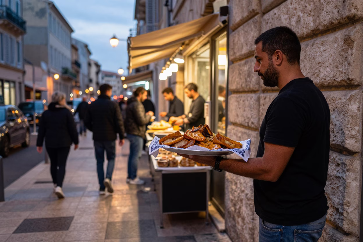 Busy Marseille Evening Street Scene with Local Food and Urban Details in in Marseille, France