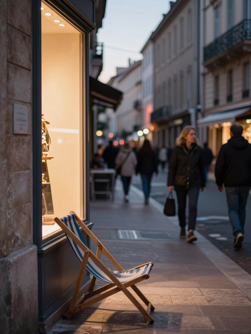 Busy Marseille Evening Street Scene with Window Light and Deck Chairs in in Marseille, France