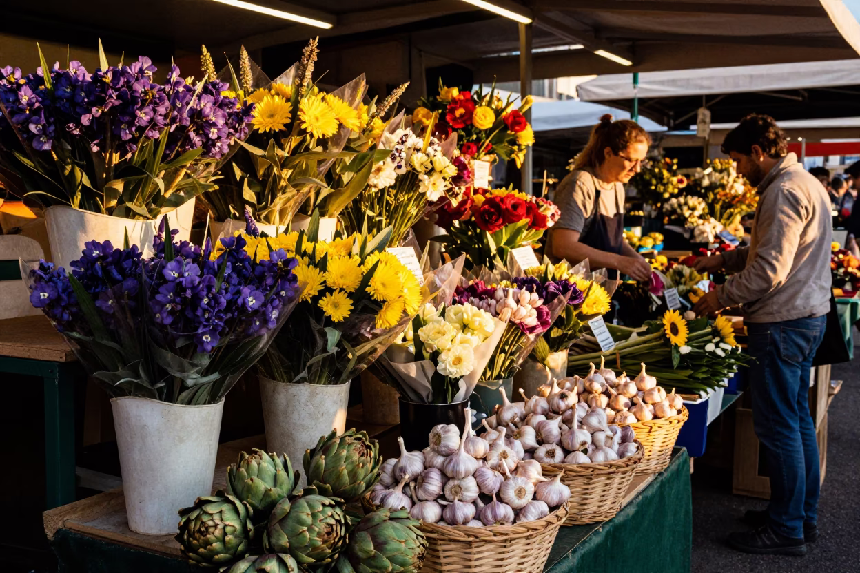 Busy Marseille Flower Market Stall with Garlic and Artichokes at Golden Hour in in Marseille, France
