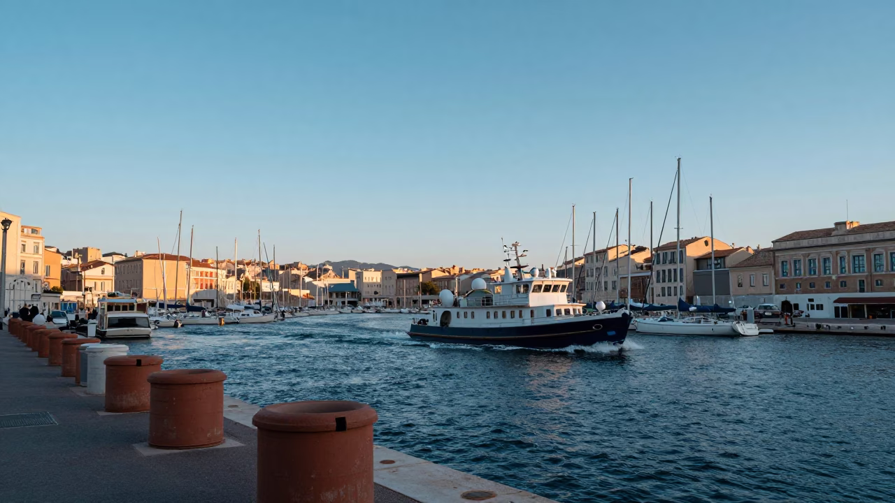 Busy Marseille Harbor at Nautical Dawn with Canisters and Pilot Boat Activity in in Marseille, France